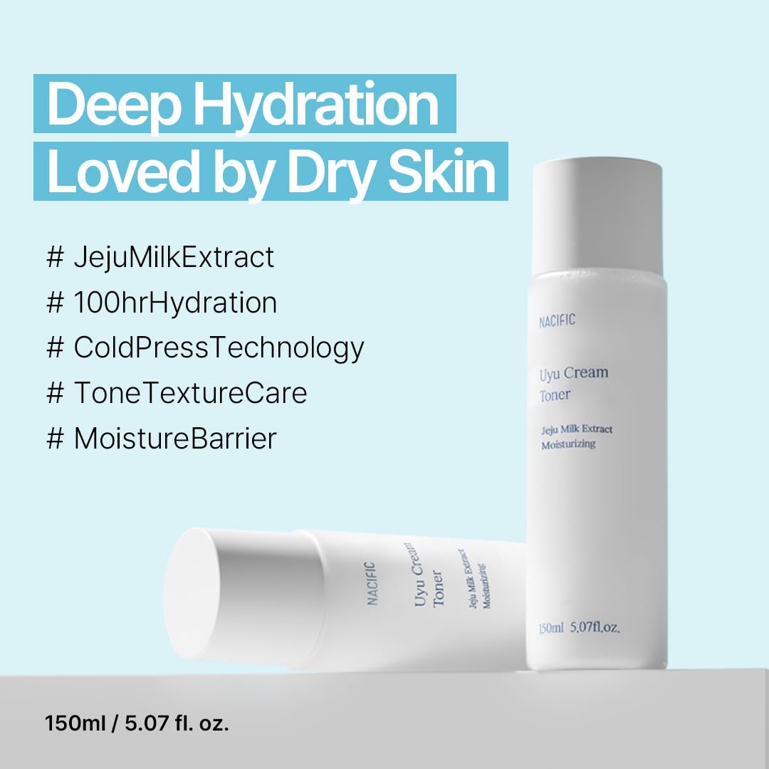 Nacific UYU Cream Toner bottle pour demonstrates quick-absorb texture for sensitive skin.