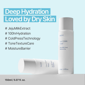 Nacific UYU Cream Toner bottle pour demonstrates quick-absorb texture for sensitive skin.