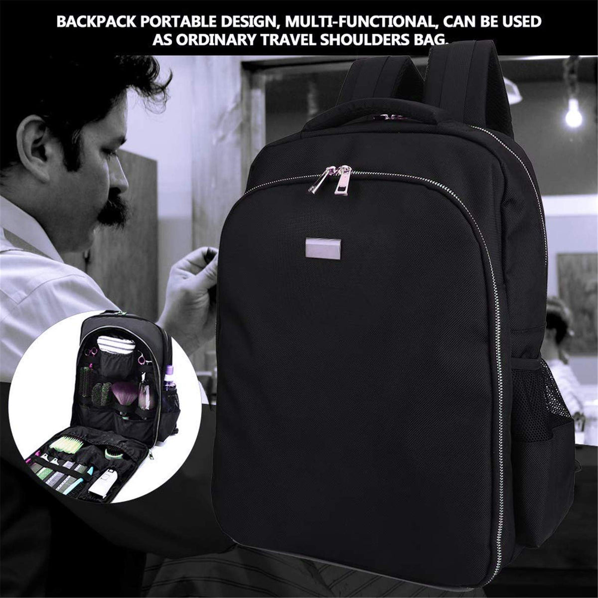 NADAENMF barber bag organizer side view highlights side access pockets for quick tools.