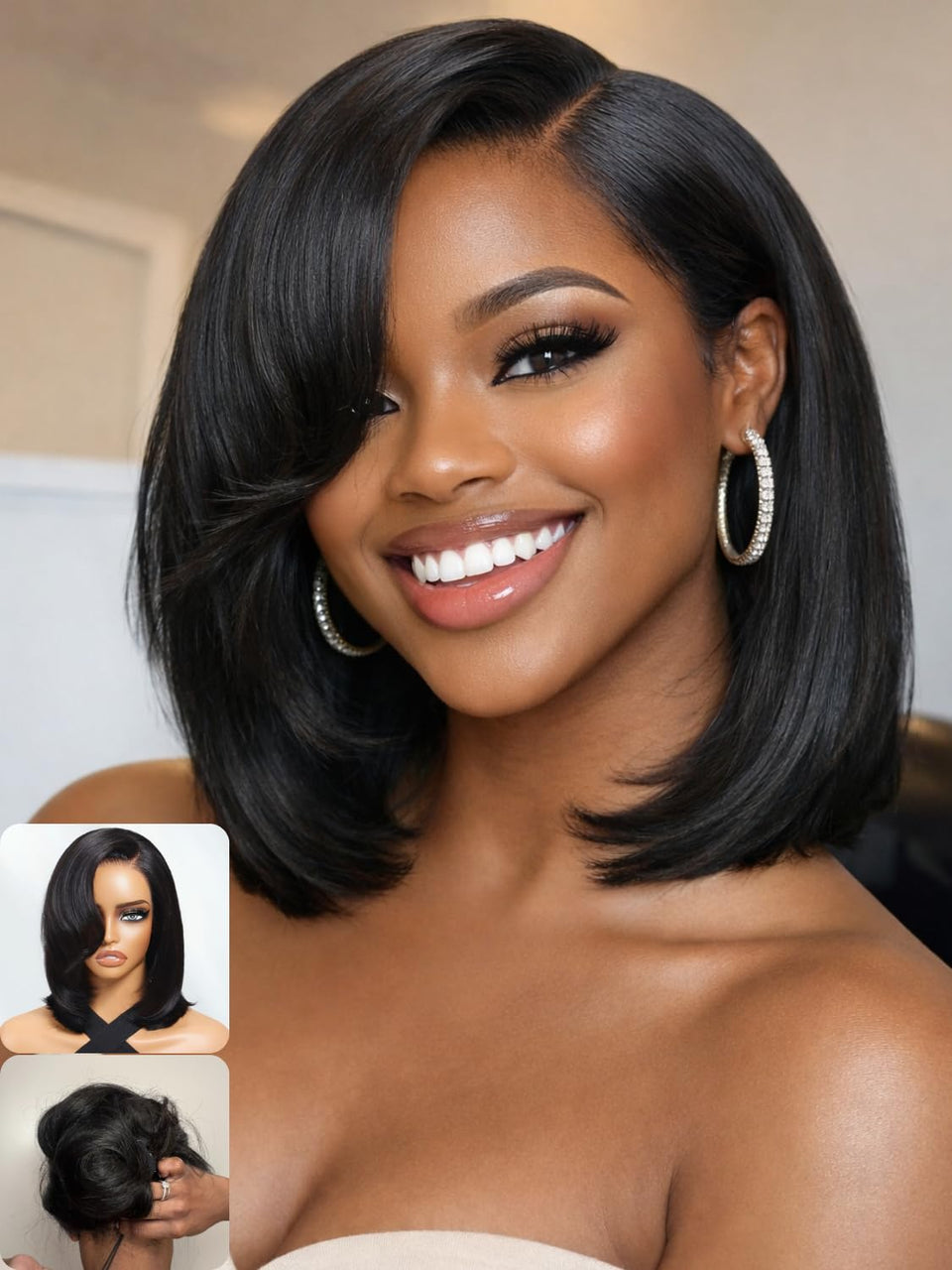 Nadula glueless short layered bob with drawstring cap for secure all-day wear.