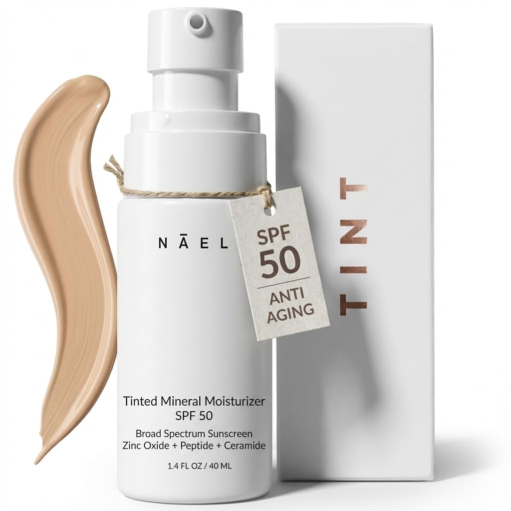 NAELI Anti Aging Tinted Moisturizer SPF 50 bottle with mineral protection and tinted finish