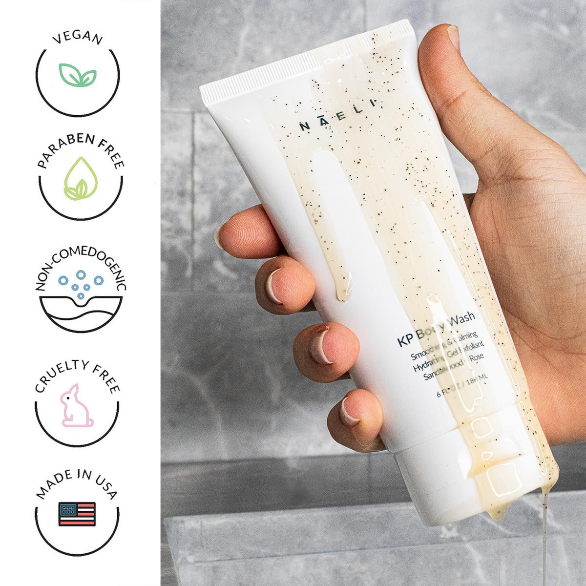 NAELI Exfoliating Body Wash back-application scene focusing on back and butt care.