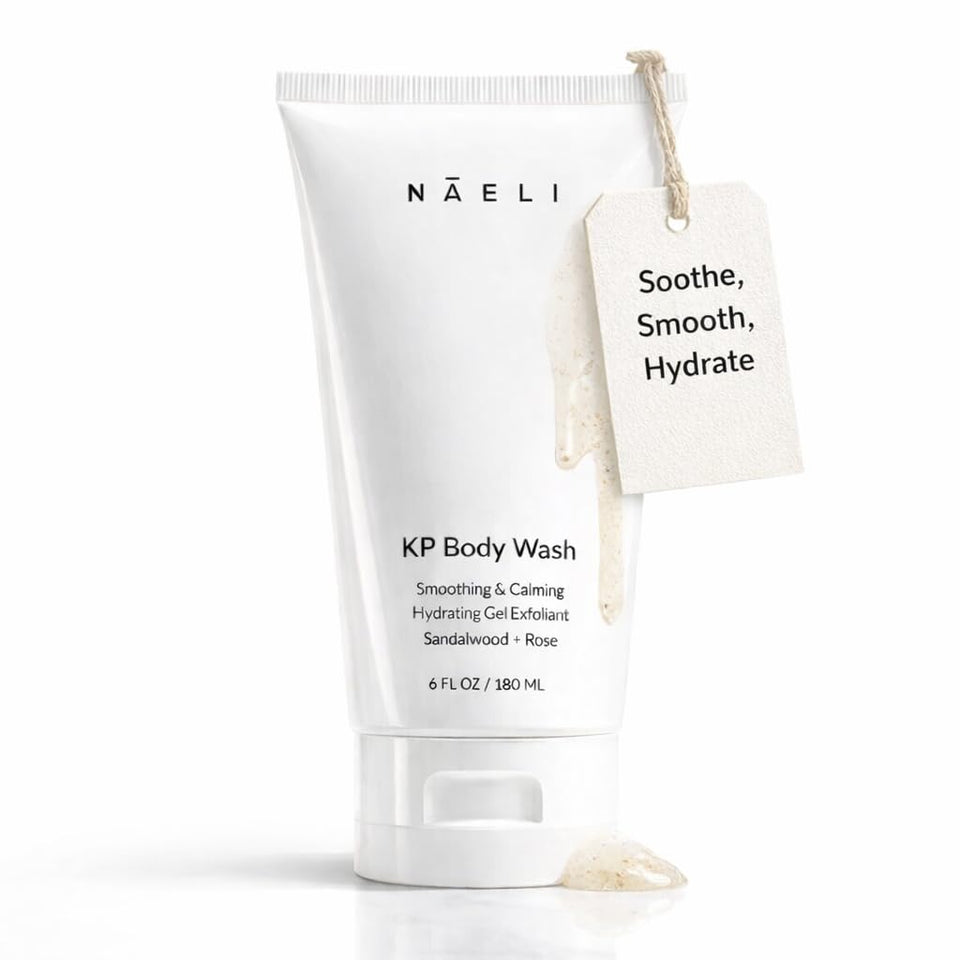 NAELI Exfoliating Body Wash bottle front highlighting KP treatment with glycolic and salicylic acid.