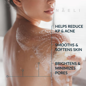 NAELI Exfoliating Body Wash foam close-up showing rich lather for everyday cleansing.