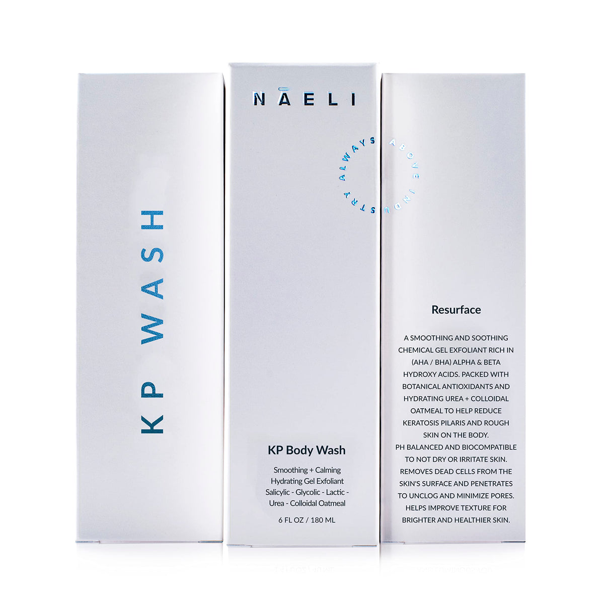 NAELI Exfoliating Body Wash USA-made badge highlighting vegan and paraben-free formula.