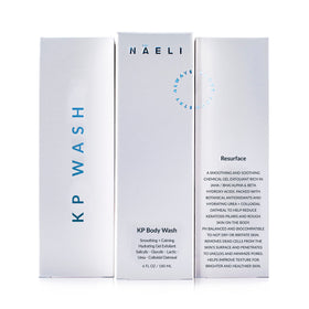 NAELI Exfoliating Body Wash USA-made badge highlighting vegan and paraben-free formula.