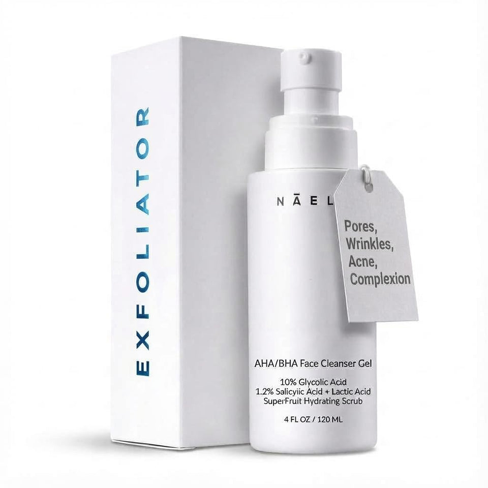 NAELI exfoliating face wash bottle ready for cleansing routine