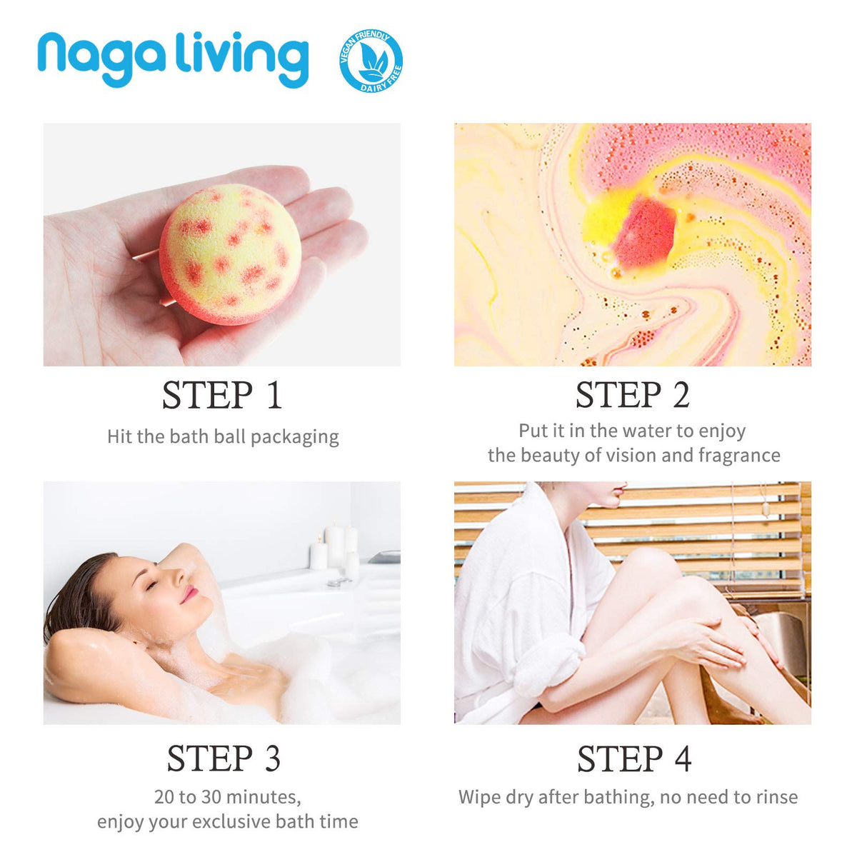 Nagaliving bath-tub-scenes show enjoying a fragrant soak at home.