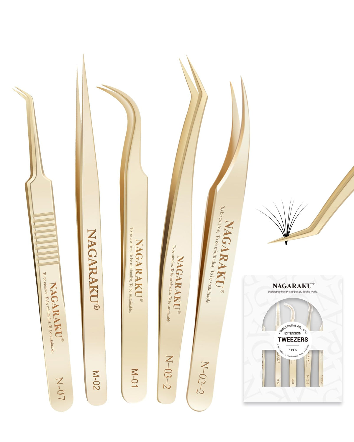 NAGARAKU 5-piece lash tweezer set with case for salon precision.