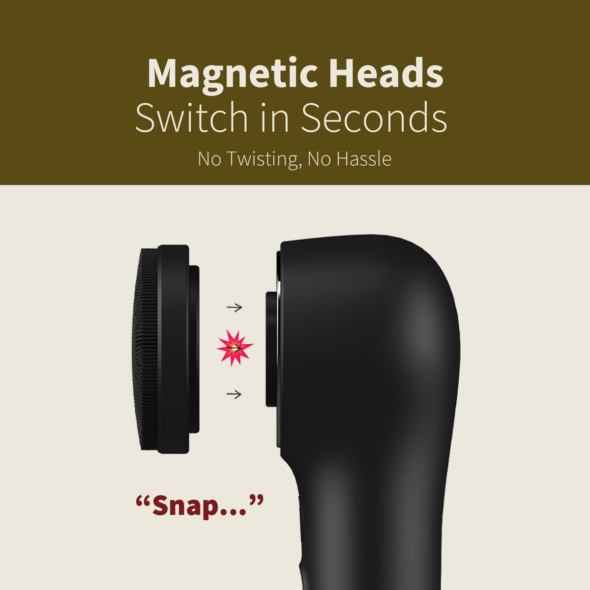 NågraCoola magnetic head attachment enables quick, secure brush head changes.