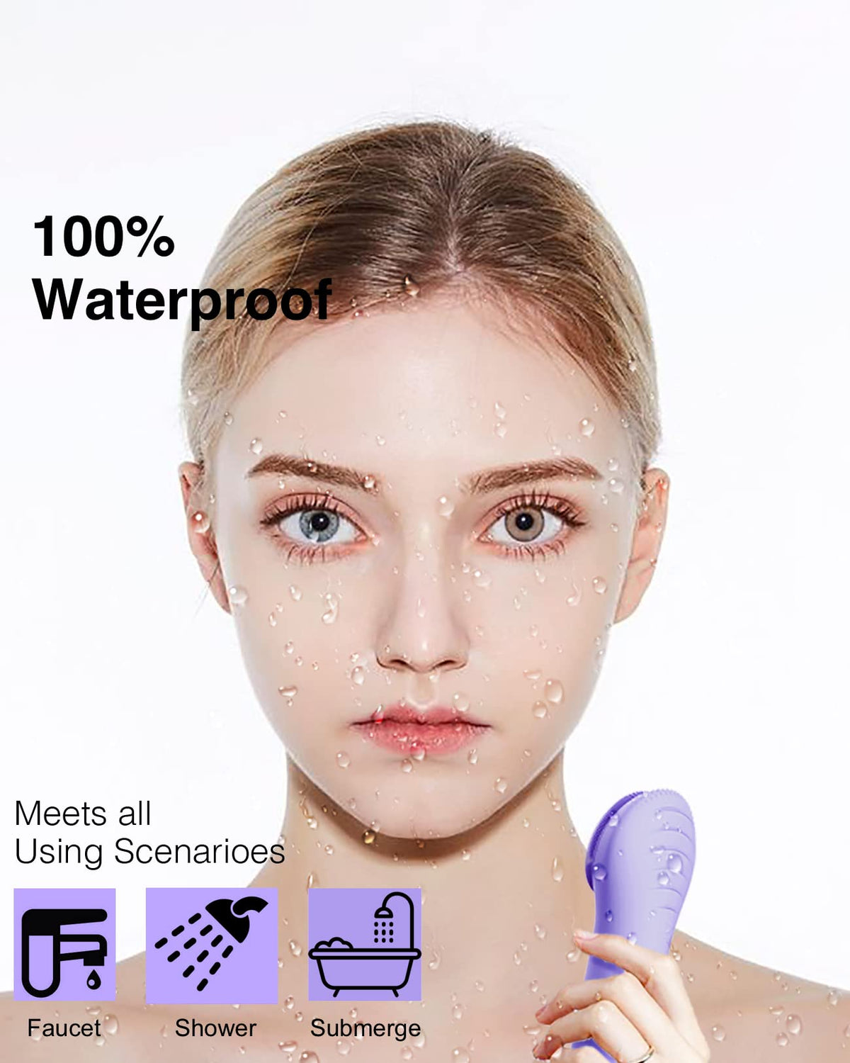 NågraCoola CLIE facial cleansing brush in violet, back view showing waterproof design