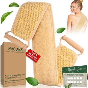 NAGUIBS Egyptian loofah with handle back scrubber—front view for easy back cleansing.