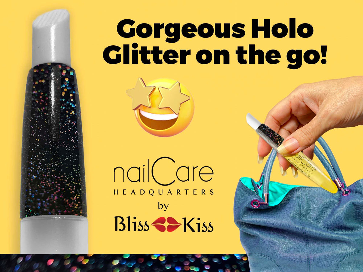 Rainbow glitter oil pen from Nail Care Headquarters for quick hydration and sparkle.