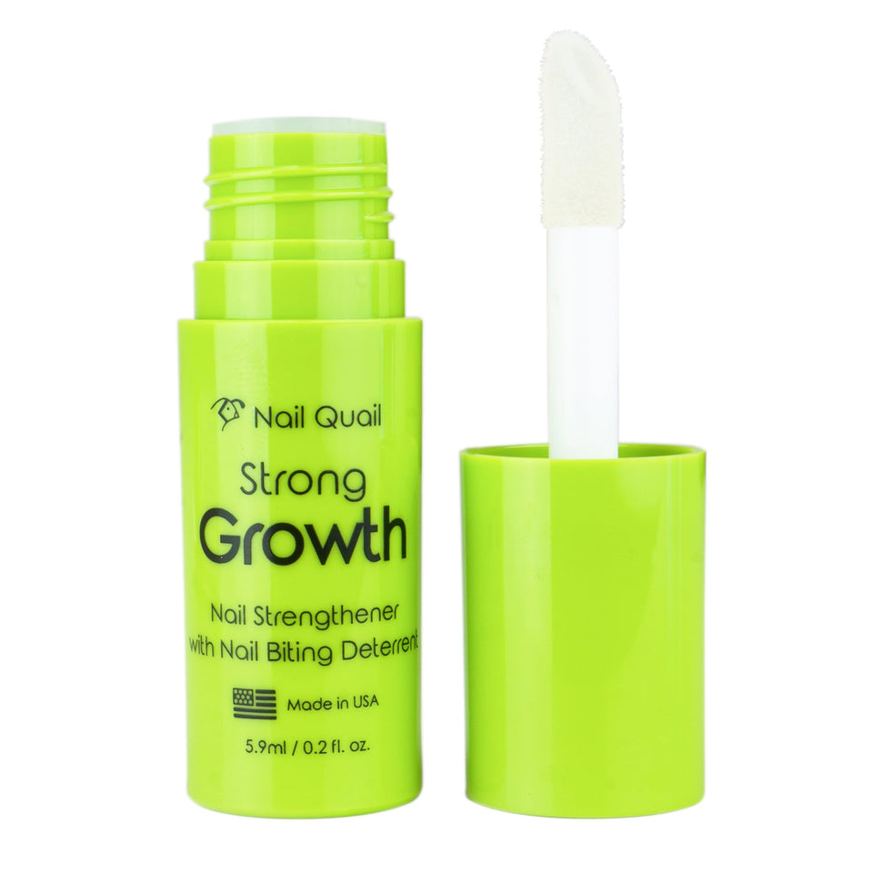 Nail Quail Strong Growth bottle front with discreet, quick-dry finish.