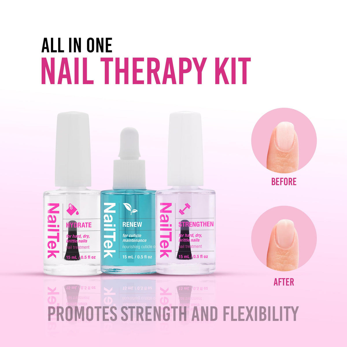 Nail Tek Therapy Kit Step 2 bottle demonstrates nail flexibility and resilience