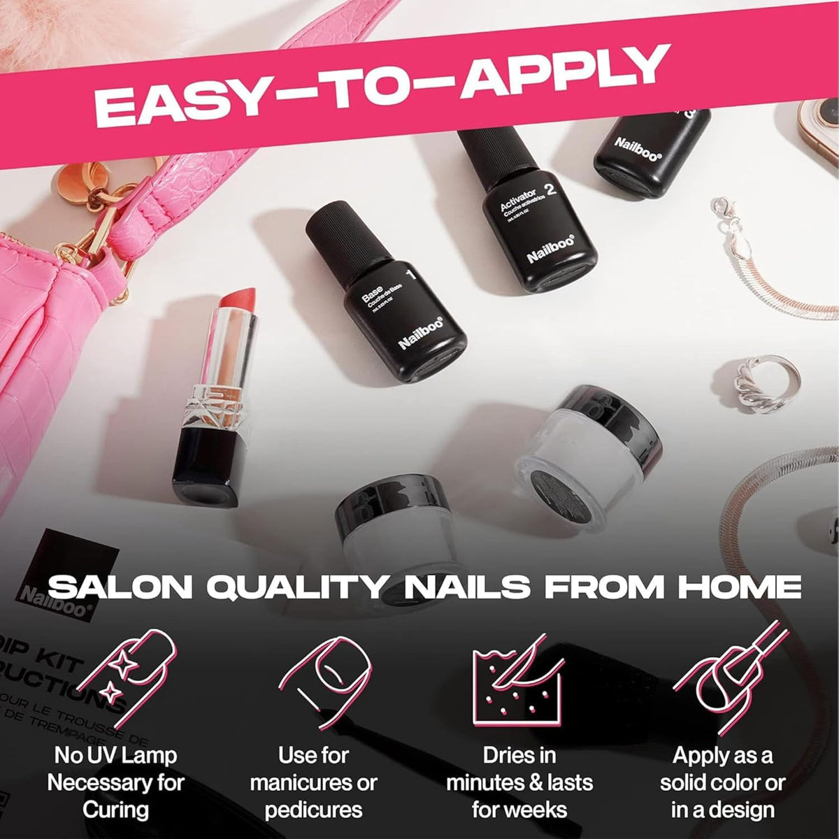 Nailboo base coat bottle preps nails for smooth dip application and lasting adhesion.