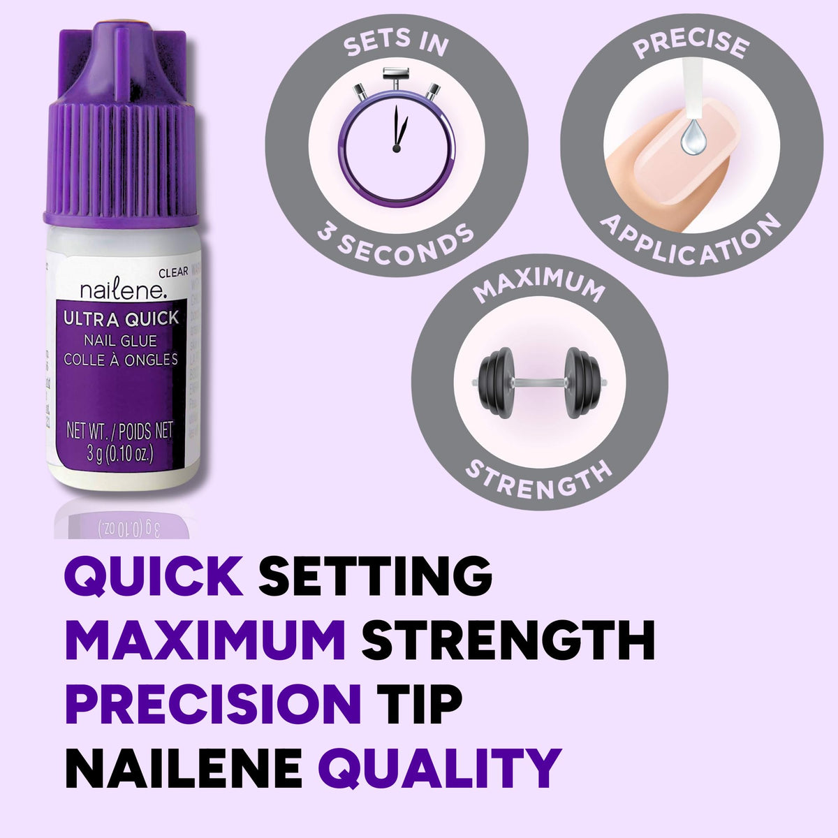 Nailene Ultra Quick Nail Glue bonds artificial nails for strong wear.