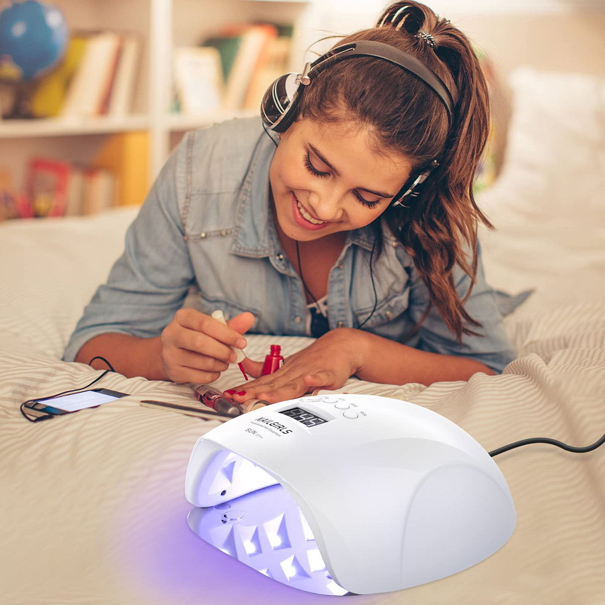 NAILGIRLS 150W LED nail lamp front view showing spacious interior for nails
