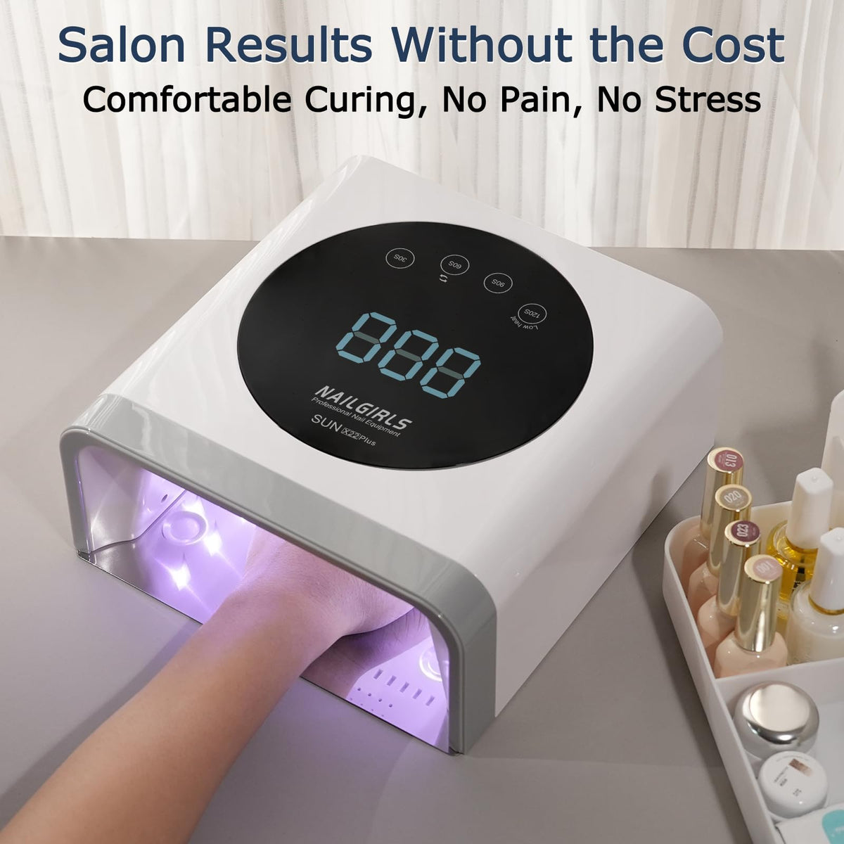 NAILGIRLS 36 dual-wavelength LEDs provide fast, even curing.