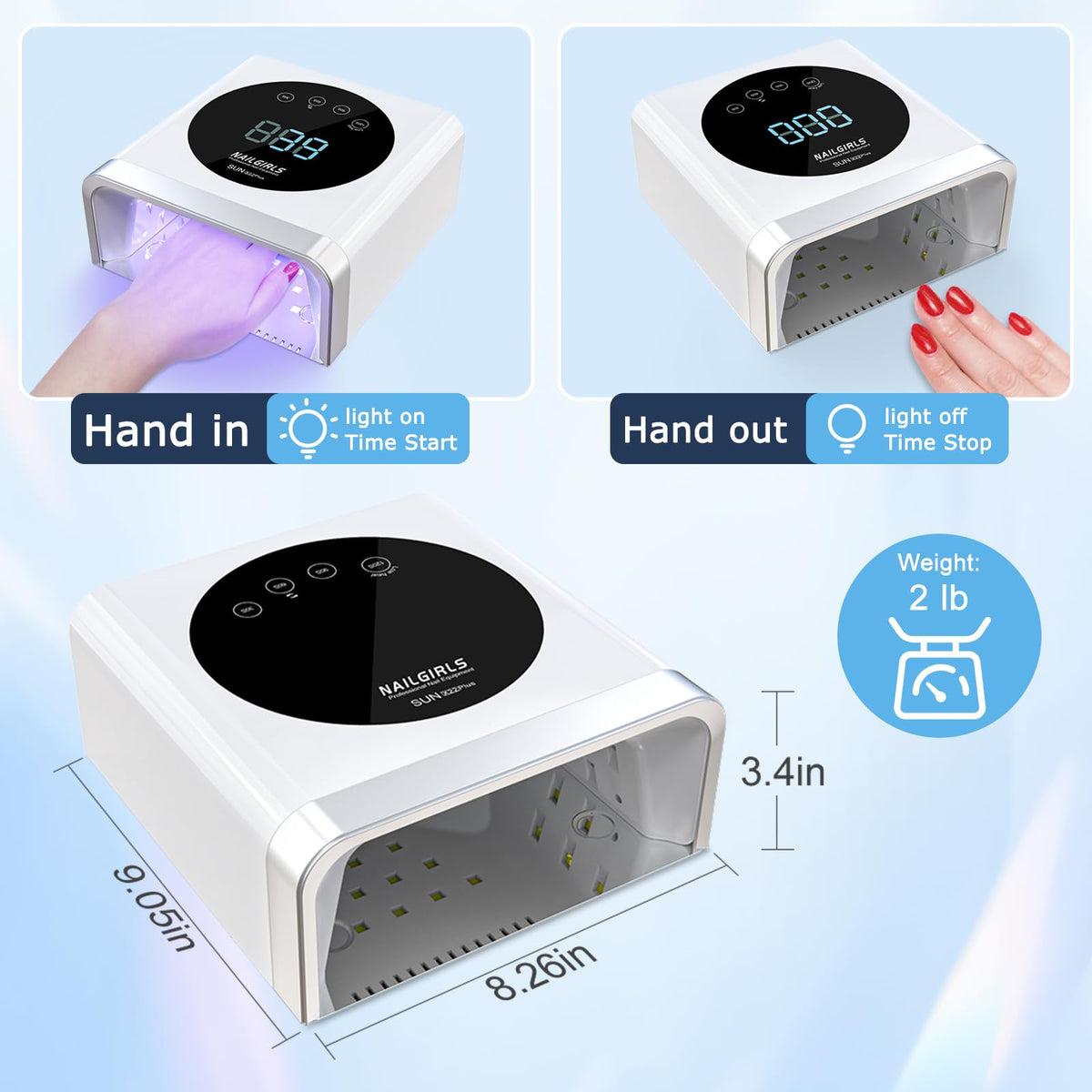 NAILGIRLS 150W UV nail lamp with auto sensor in action.