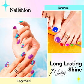 Close-up of Nailshion polish bottles showing vibrant shades