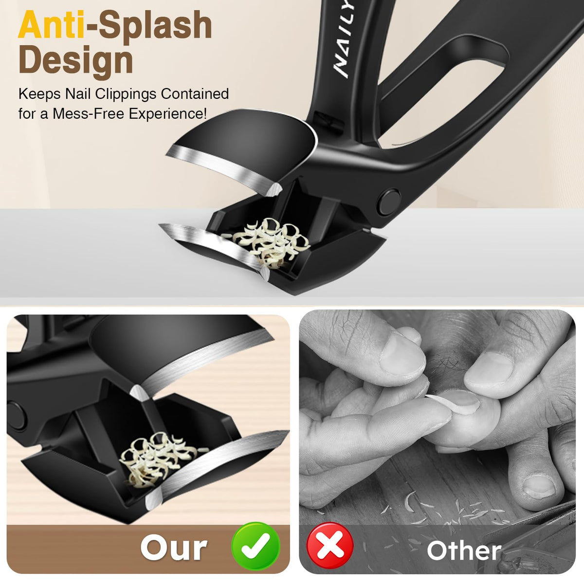 Nailysor catcher-equipped clippers to keep clippings contained during trimming.
