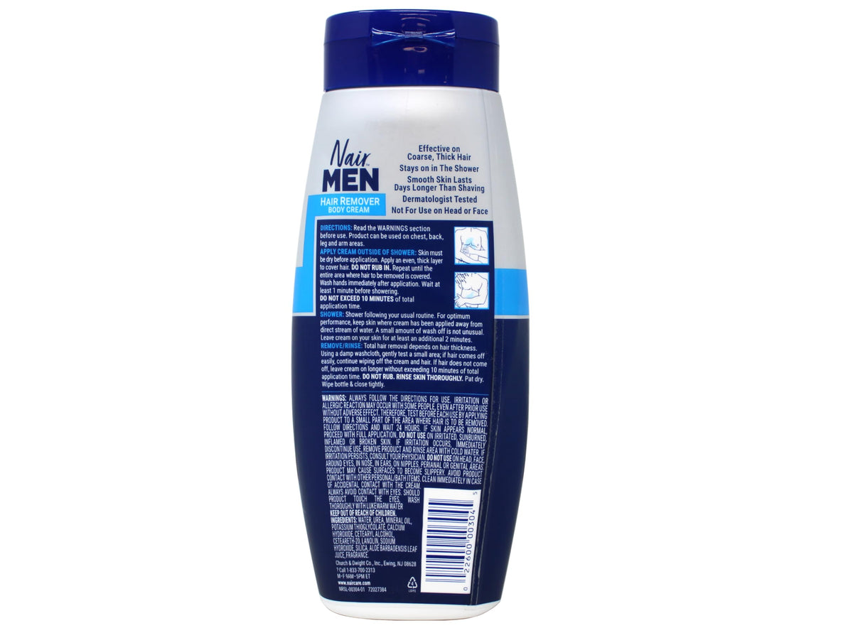 Nair Hair Remover for Men on skin; dermatologist-tested formula shown front label