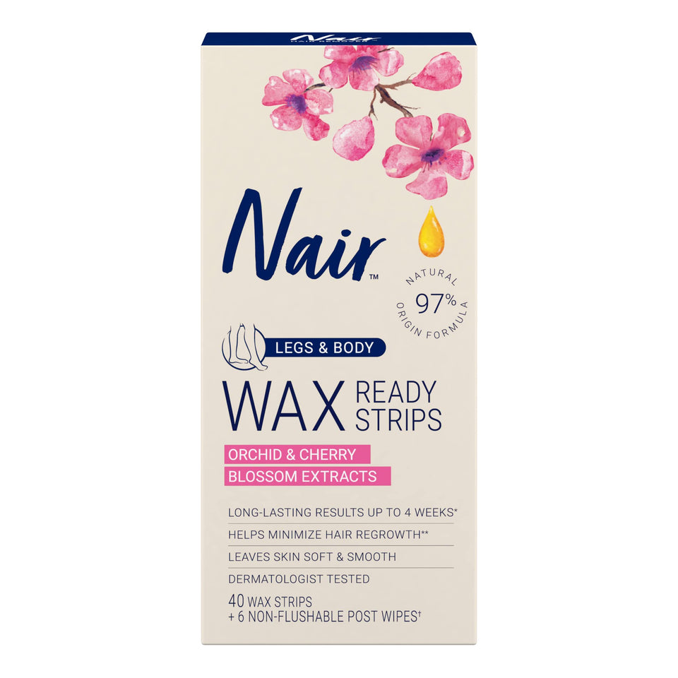 Nair hair remover wax ready strips box shows 40-count supply for legs and body.