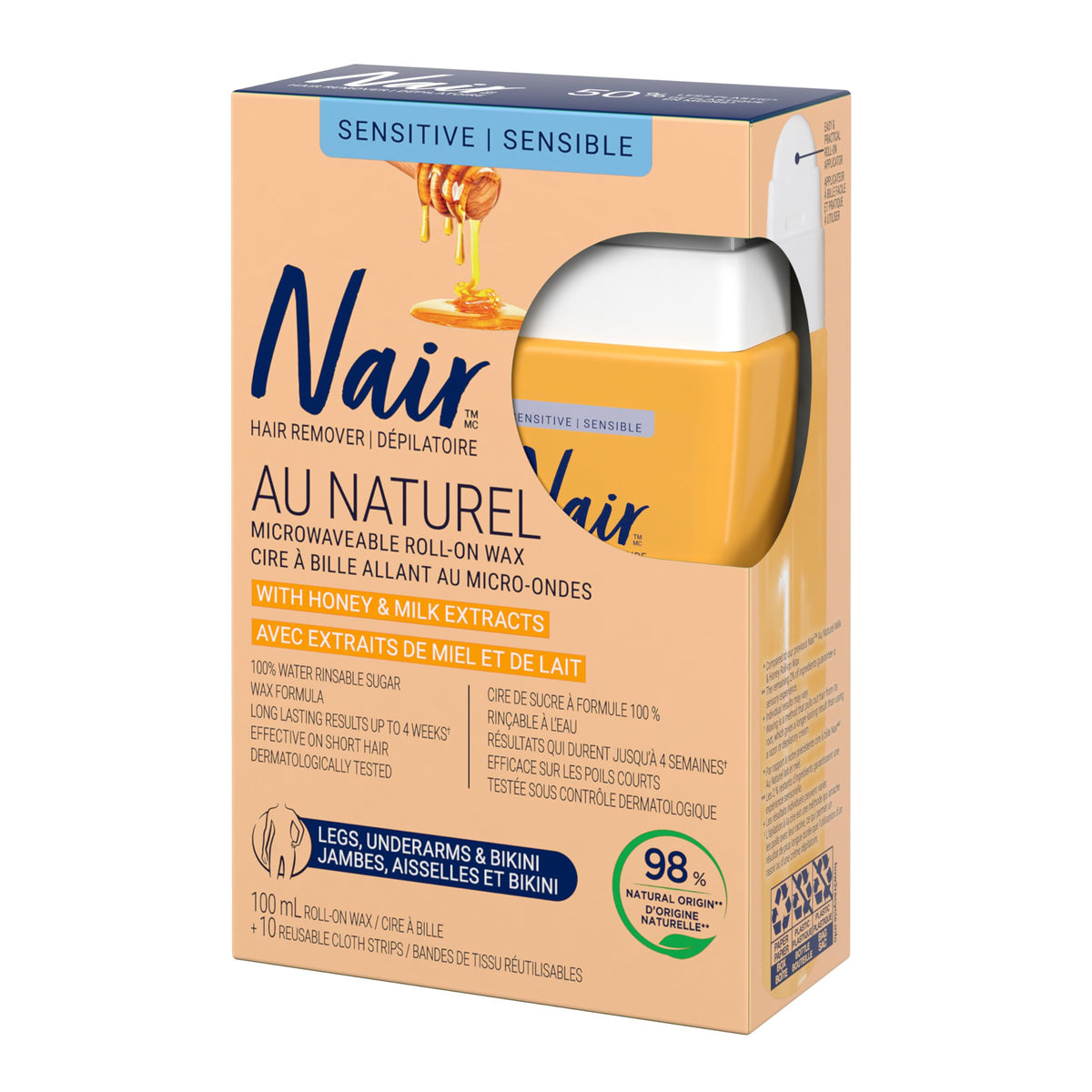Nair Milk and Honey roll-on wax on legs for quick home grooming