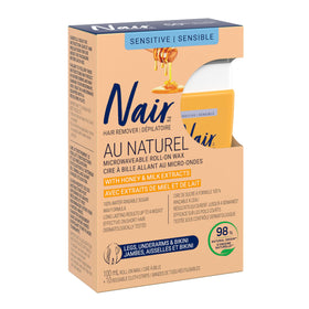 Nair Milk and Honey roll-on wax packaging shown for convenient home use