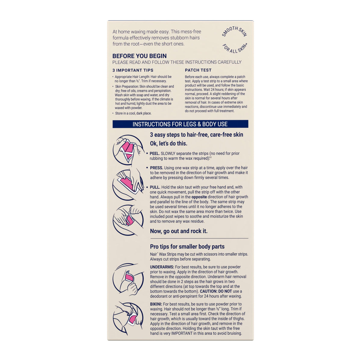Nair wax strips for bikini and body use, safe for all skin types.