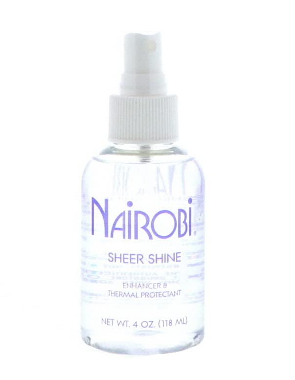 Nairobi Sheer Shine Enhancer bottle close-up showing a glossy, lightweight finish.
