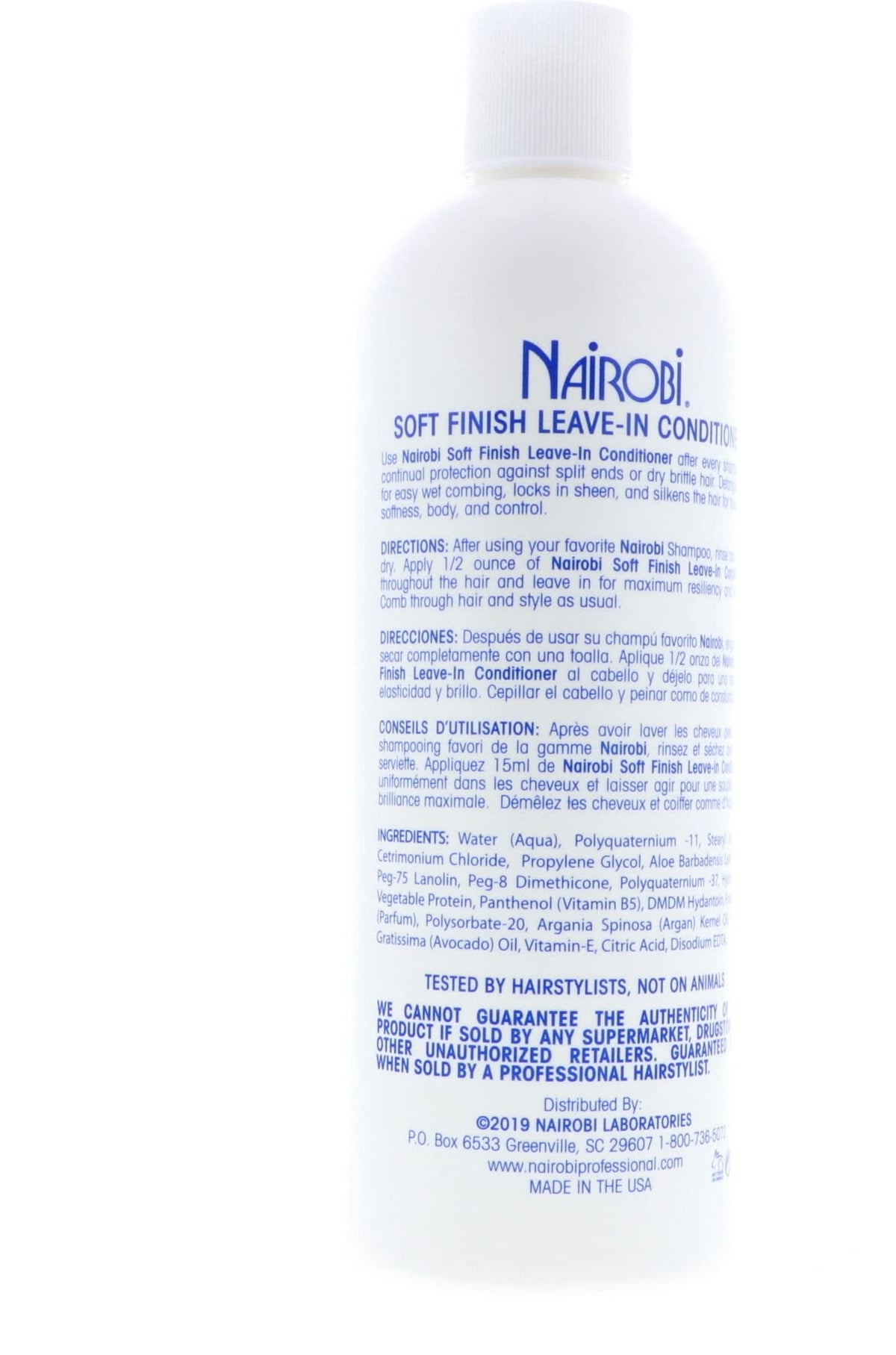 Nairobi Soft Finish Leave-In bottle label detail highlighting key benefits.