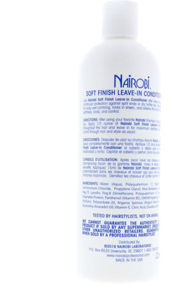 Nairobi Soft Finish Leave-In bottle label detail highlighting key benefits.