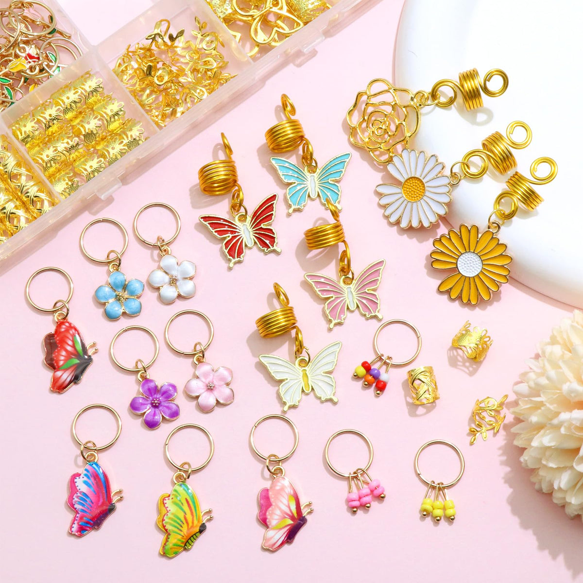 Close-up of NAISKA gold braid clips with butterfly charms