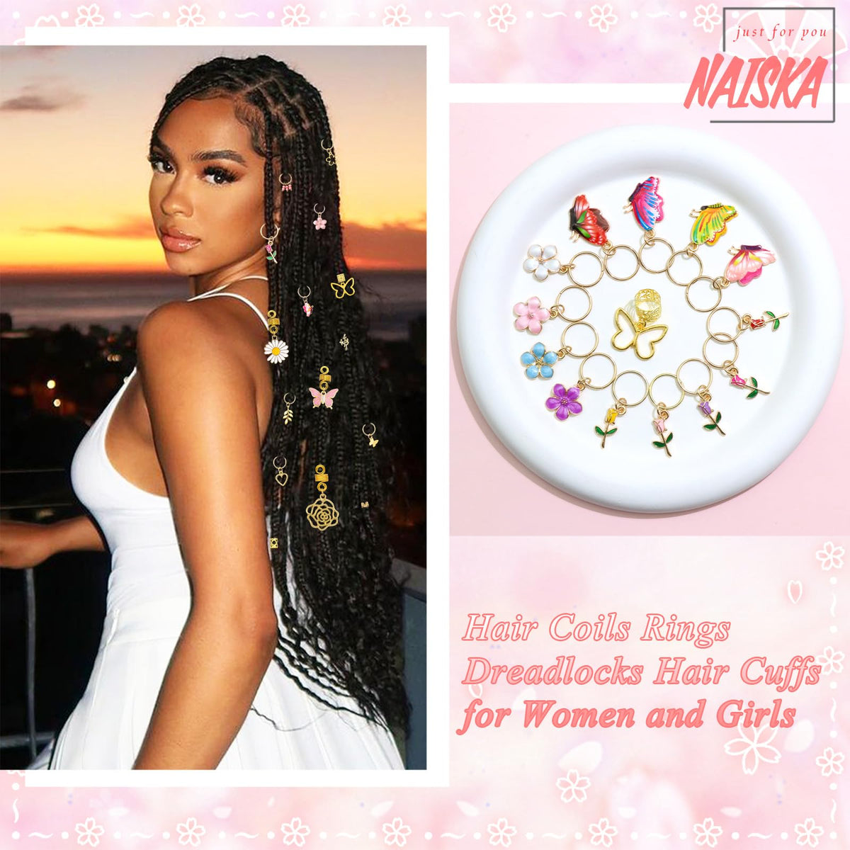 NAISKA hair jewelry at a wedding or party with locs and braids
