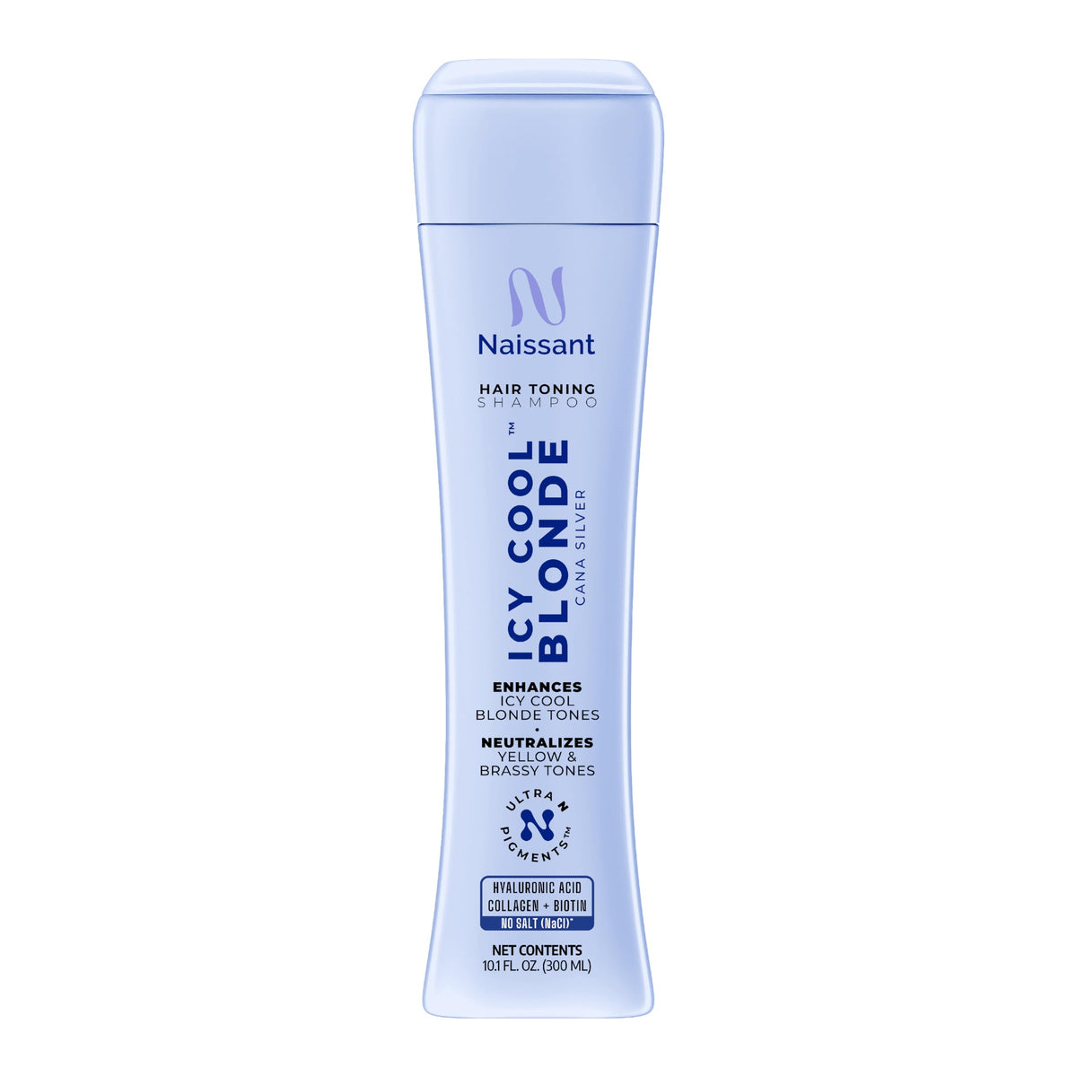 Naissant icy-cool blonde shampoo bottle previews salon-ready toning.