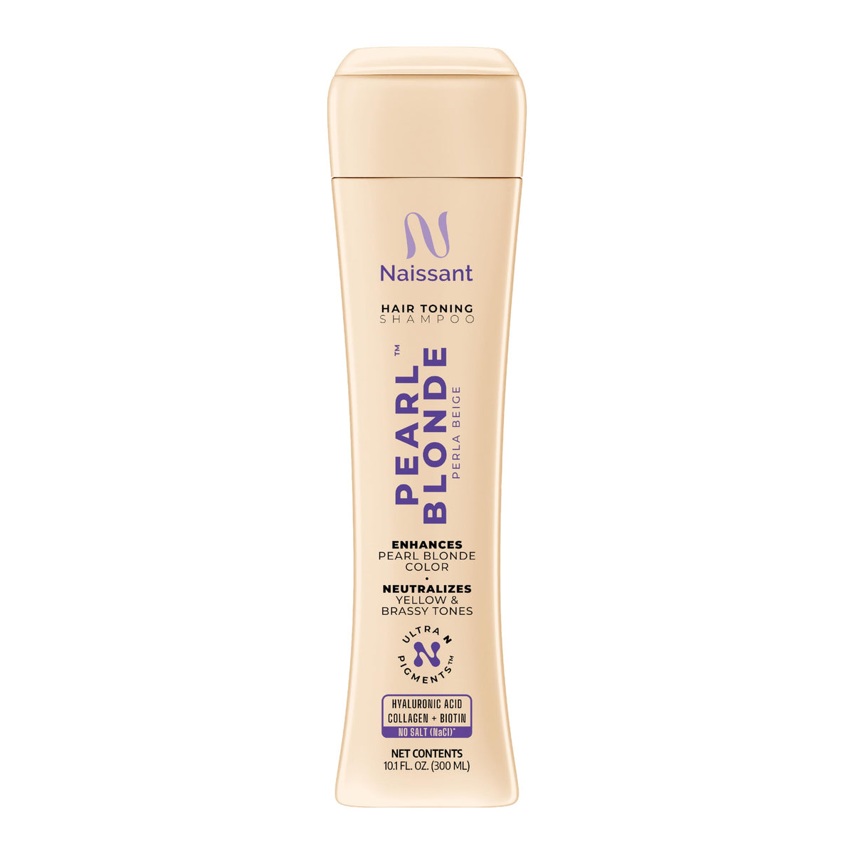 Naissant Pearl Blonde Purple Shampoo bottle pour; violet toning for brass reduction