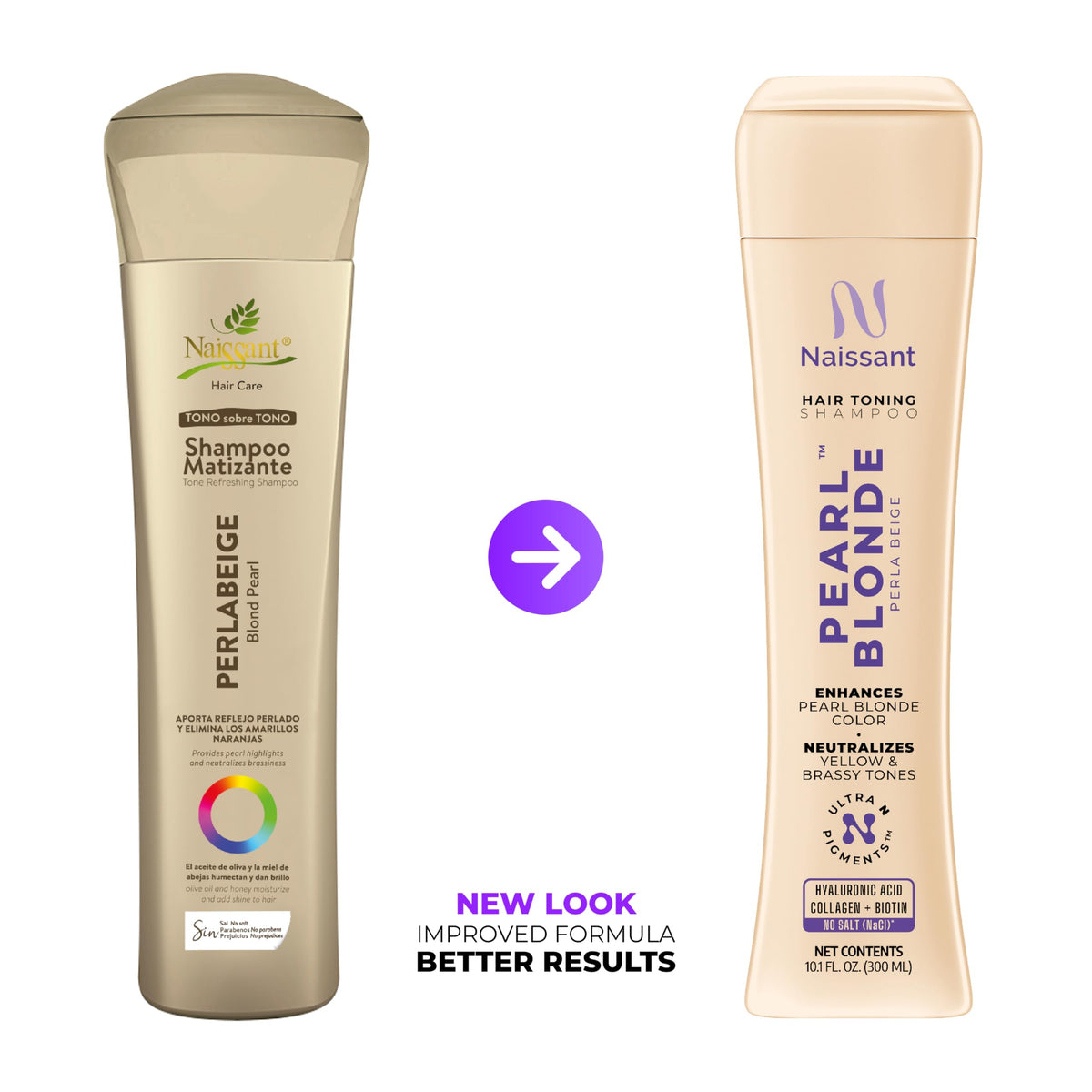 Naissant Pearl Blonde Purple Shampoo label close-up; pH-balanced and scalp-friendly