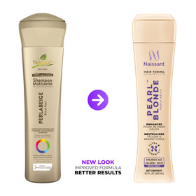 Naissant Pearl Blonde Purple Shampoo label close-up; pH-balanced and scalp-friendly