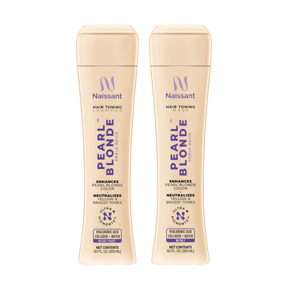 Naissant purple shampoo bottle highlighting pearl blonde tone and brassiness control.