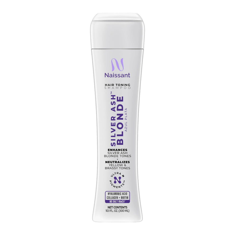 Naissant Silver Ash Blonde Shampoo bottle neutralizes warm tones for light blondes.