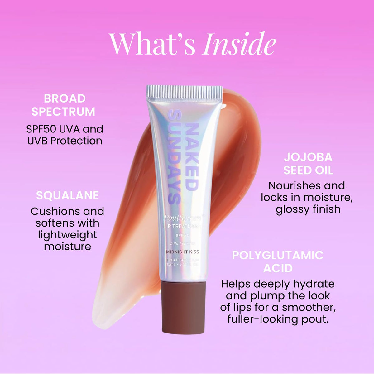 Naked Sundays Poutscreen with peptides nourishes lip skin for smooth texture.