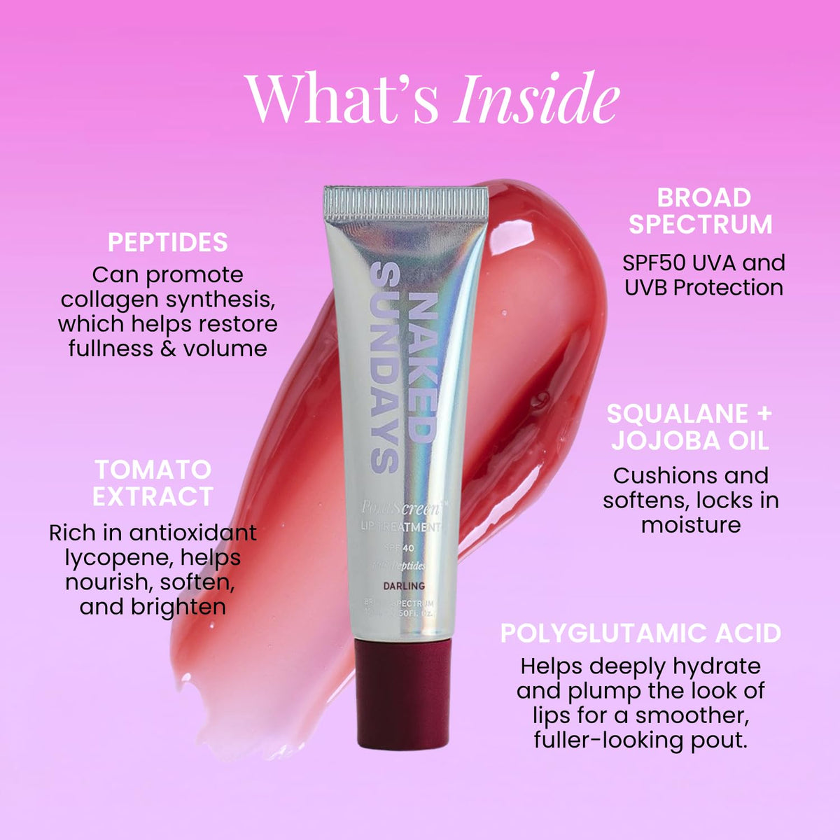 Naked Sundays Poutscreen vitamin E nourishes while protecting from sun.