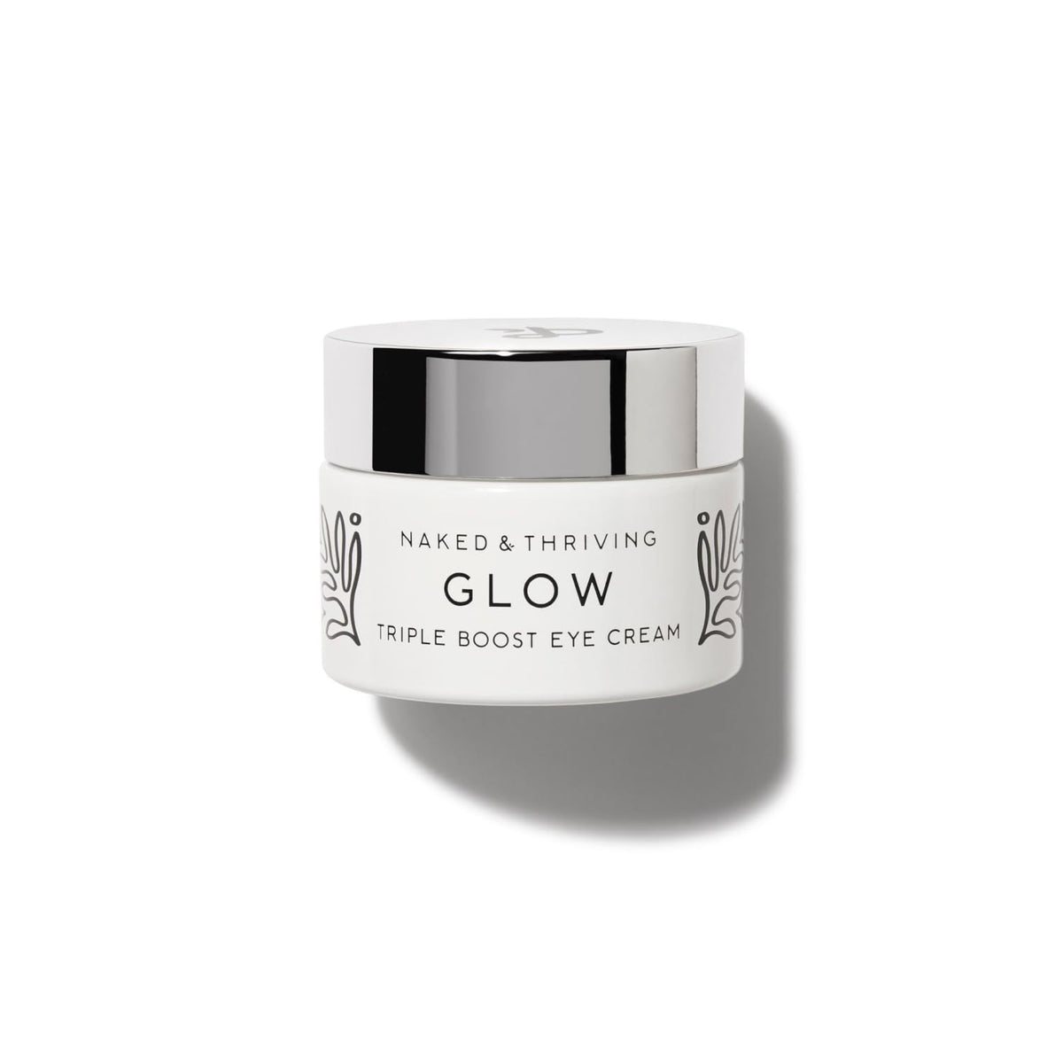 Naked & Thriving Glow Triple Boost Eye Cream bottle shows antioxidant-rich formula for radiant eyes.