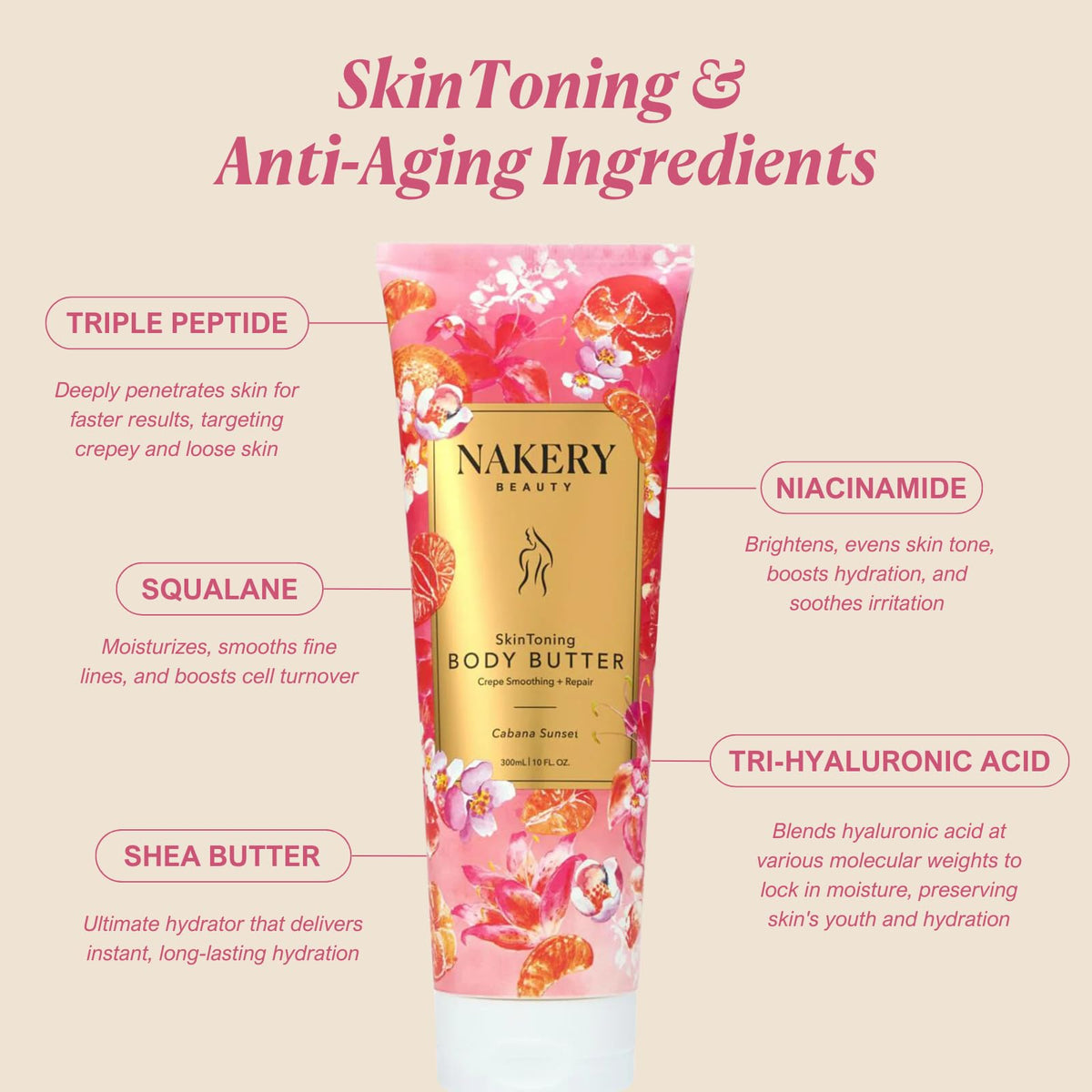 Nakery peptide-infused body lotion firms and lifts the skin.