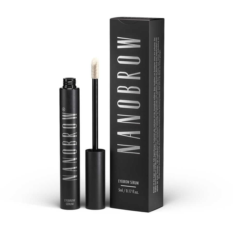 Nanobrow eyebrow serum bottle and brush for easy at-home brow thickening.