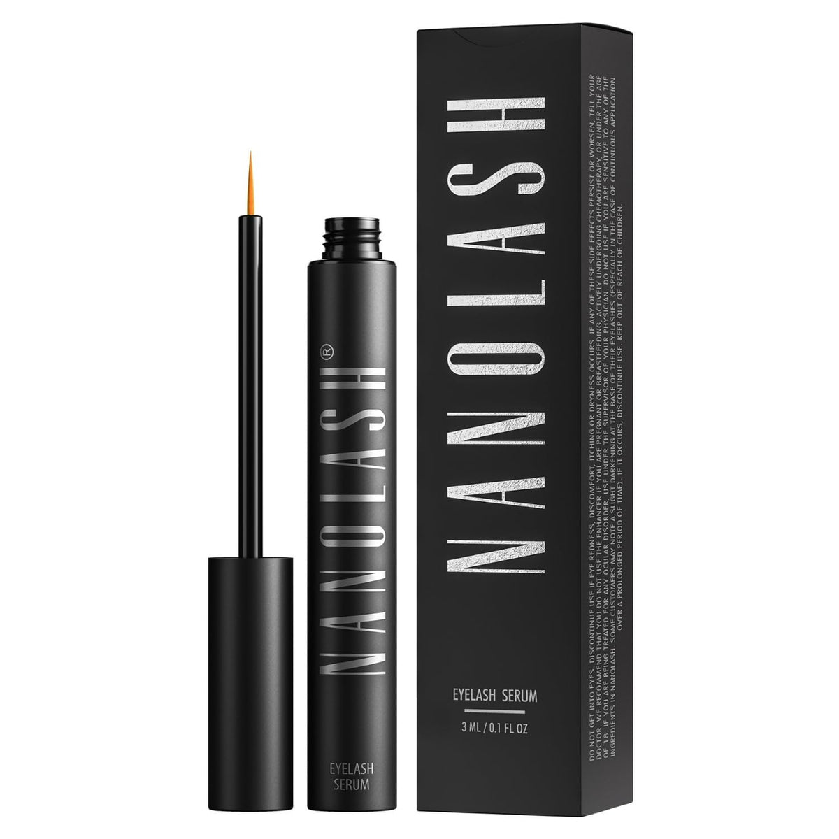 Nanolash eyelash growth serum bottle promoting longer, stronger lashes