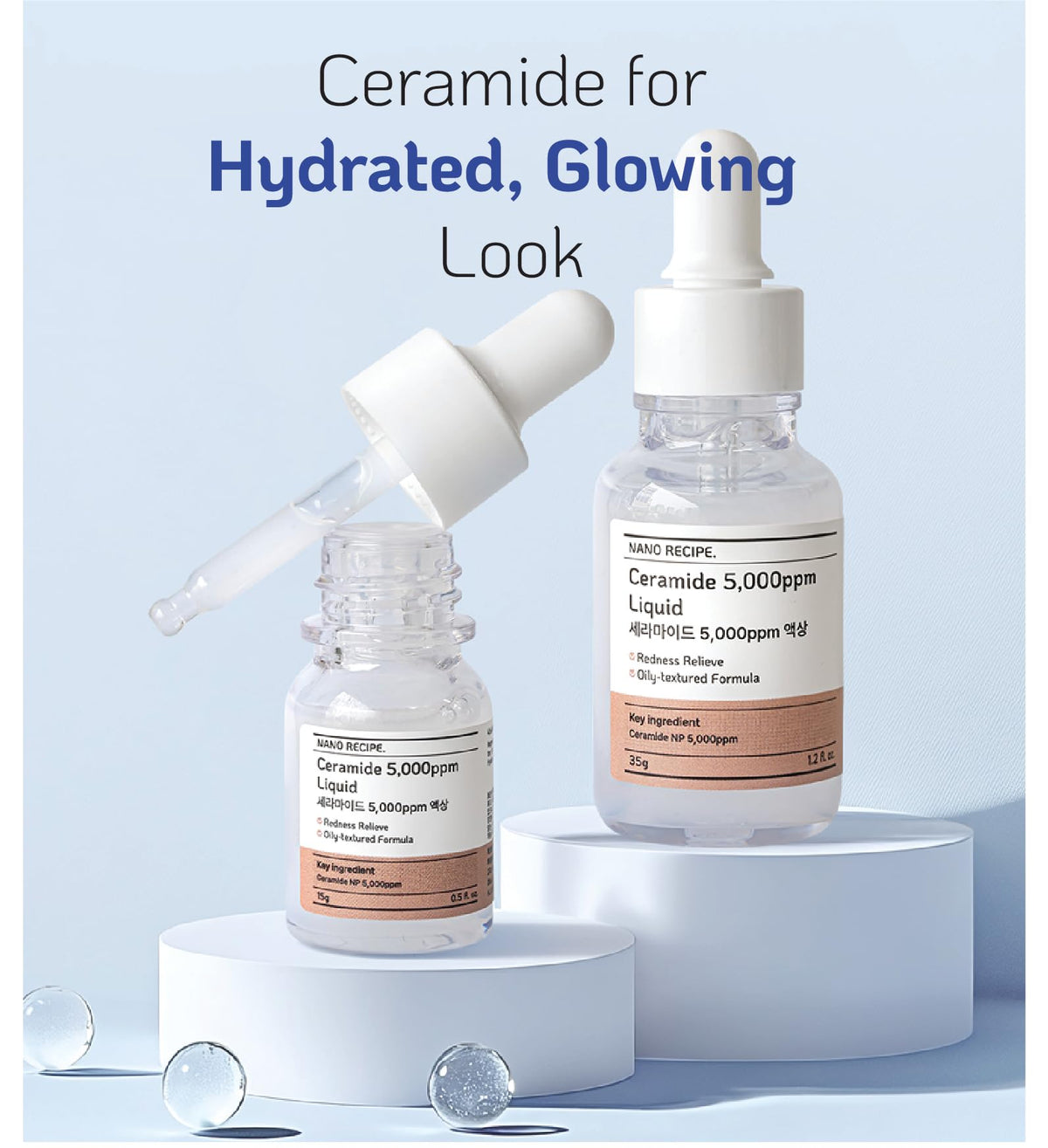 Nano Recipe ceramide concentrate dropper close-up shows thin, fast-absorbing texture.