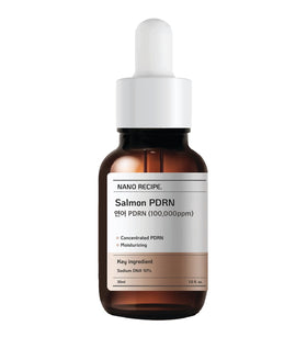 Nano Recipe Salmon PDRN bottle highlights potent concentrate for daily hydration and renewal.